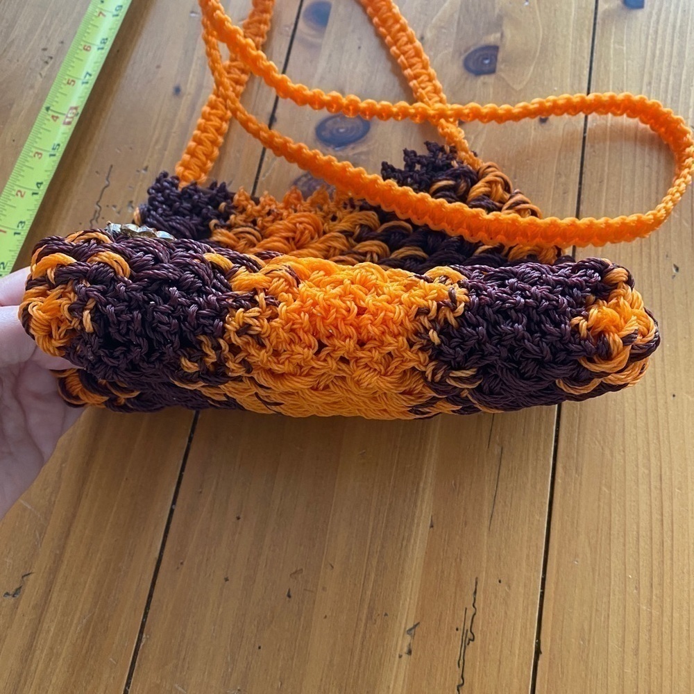 Handmade Crocheted Purse Handbag Brown/Orange with One Floral Piece Attached Vtg - Picture 8 of 11